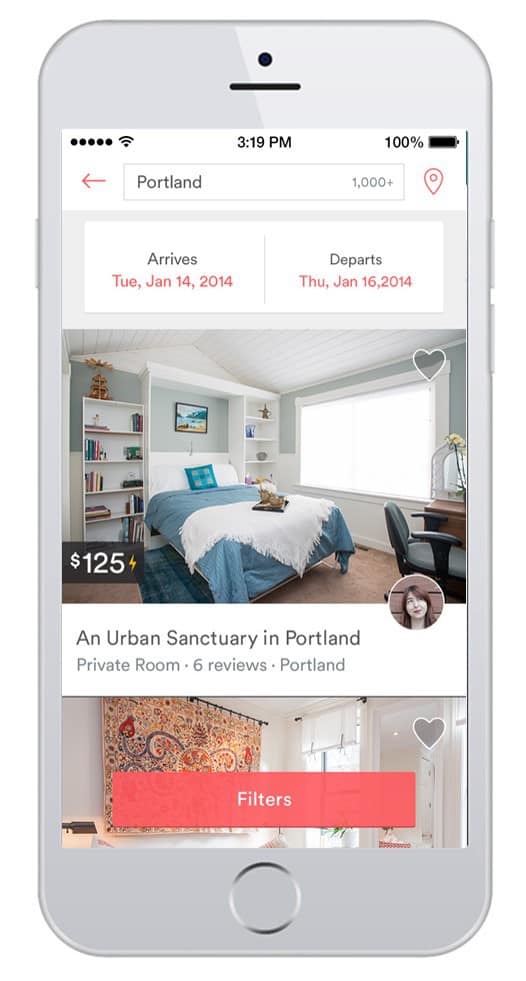 screenshot dell'app airbnb