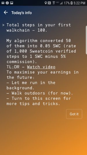Esempio di un aggiornamento giornaliero dell'utilizzo dell'app Sweatcoin